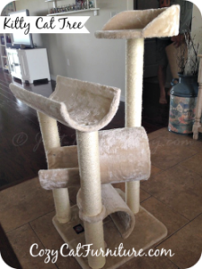 The Kitty Cat Tree house is 44 inches high and 20 in. wide. It has 4 spots for them to lay on, 2 tunnels, 1 cradle and 1 perch, 6 sisal scratching posts.