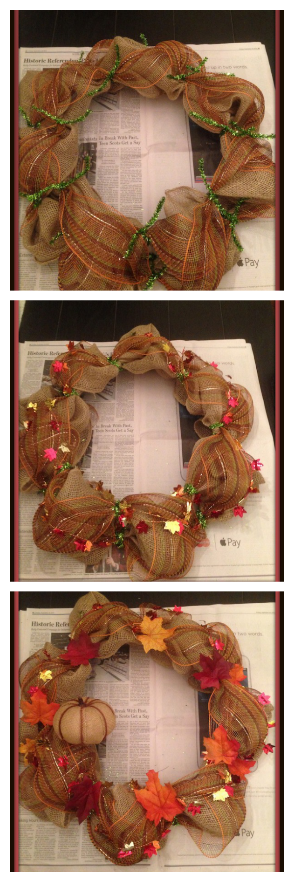 The Fall Deco Mesh Wreath I used burlap and a brown mesh to give it some accent. I used a burlap pumpkin, wire garland & some fall leaves as embellishments.