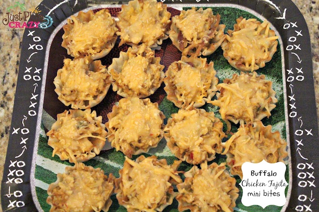 Weight Watchers friendly game day appetizer Buffalo Chicken Fajita Mini Bites made with chicken fajita, Naturally Fresh lite Bleu Cheese, & FF Cheddar.