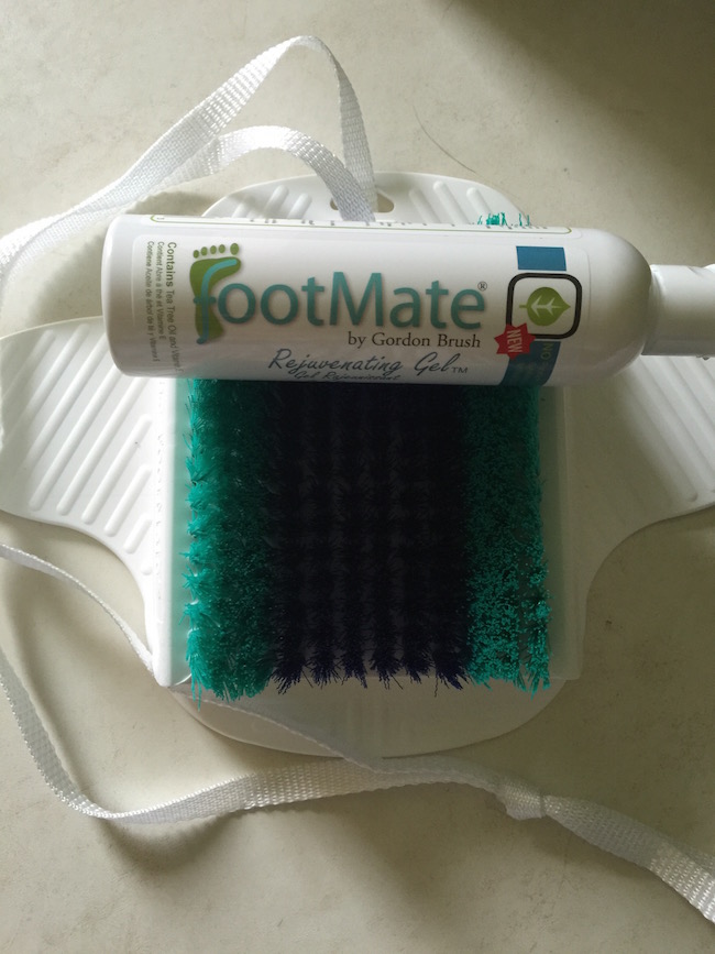 The Footmate System comes with Rejuvenating Gel & the FootMate Foot Scrubber. It has suction cups so that it sticks to the shower floor or bathtub. 