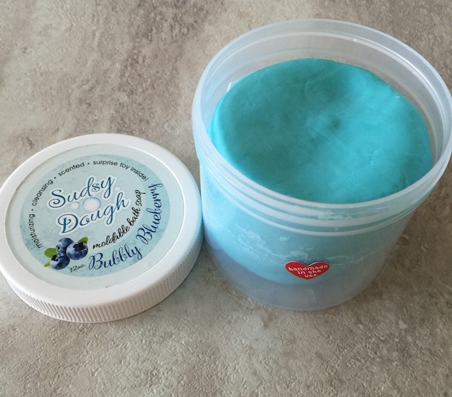 Sudsy Dough is naturally formulated and moisturizing with Shea butter & coconut oil and is fun to squish and wash with in the tub!