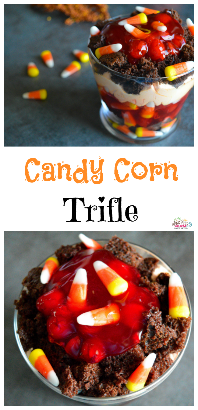 Halloween trifle filled with candy corn and other fall goodness.