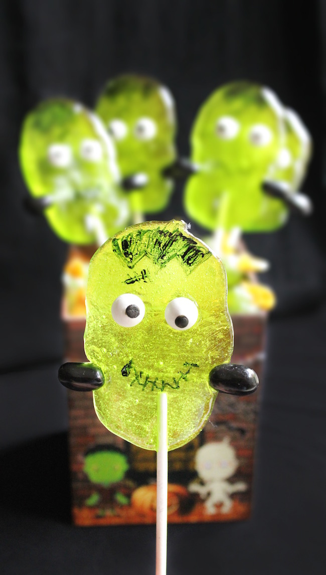 These Frankenstein suckers are made with Jolly Ranchers and are super easy to make. The kids can even help by drawing the faces on them.