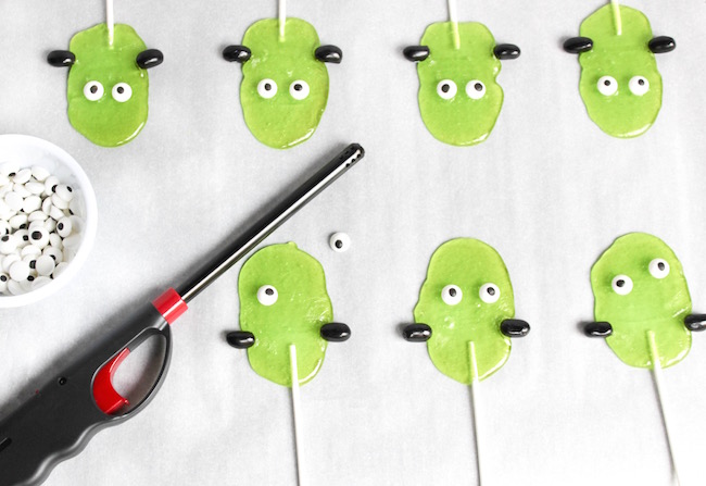 These Frankenstein suckers are made with Jolly Ranchers and are super easy to make. The kids can even help by drawing the faces on them.