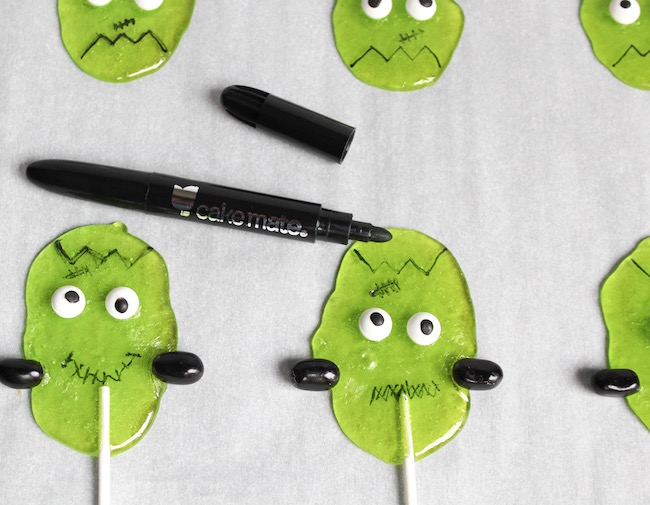 These Frankenstein suckers are made with Jolly Ranchers and are super easy to make. The kids can even help by drawing the faces on them.
