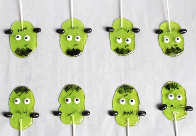 These Frankenstein suckers are made with Jolly Ranchers and are super easy to make. The kids can even help by drawing the faces on them.