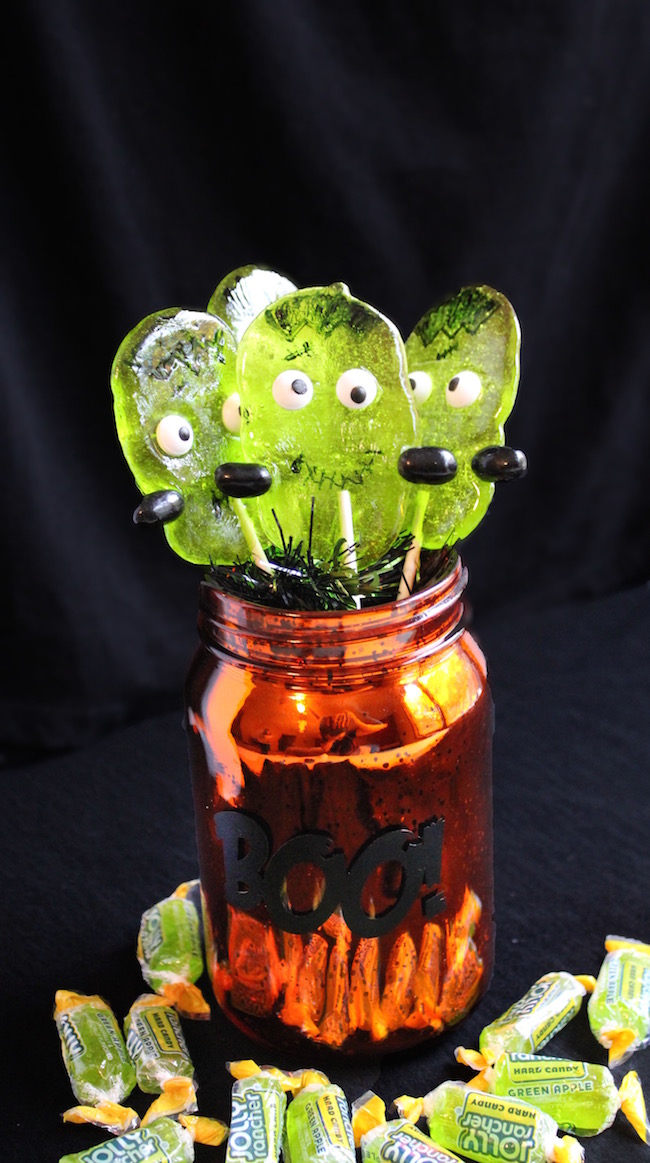These Frankenstein suckers are made with Jolly Ranchers and are super easy to make. The kids can even help by drawing the faces on them.