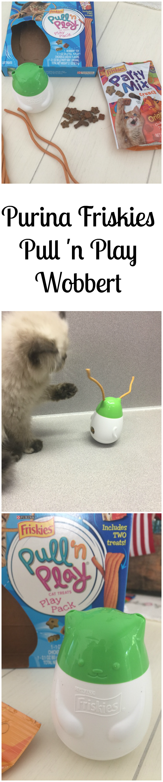 Wobbert is a wobbly cat toy that dispenses treats and tender edible strings that your cat can play with in the process. Available in 3 flavors at PetSmart!