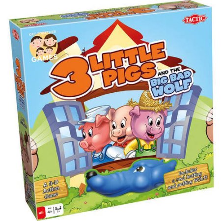 The 3 Little Pigs board game combines skill & a dash of luck. Kids will love the soft and squeezable Big, Bad Wolf that huffs & puffs the pig's houses down!