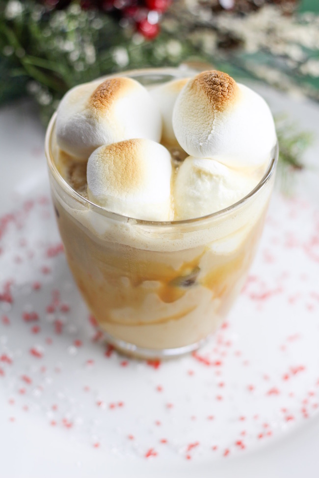 Toasted marshmallows on top of our chai eggnog drink
