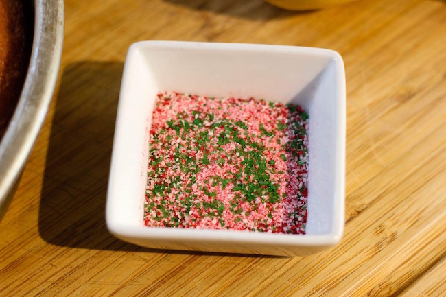 Bowl of peppermint sugar in red, white and green