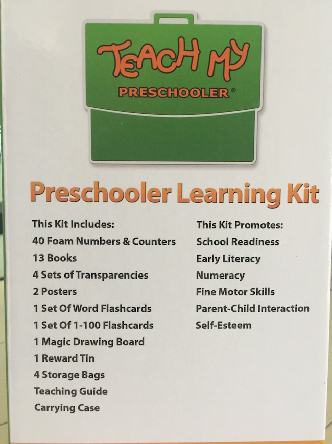 The Teach My Preschooler Learning Kit has everything you need, colors, ABC's, numbers and even comes with a self storing box.