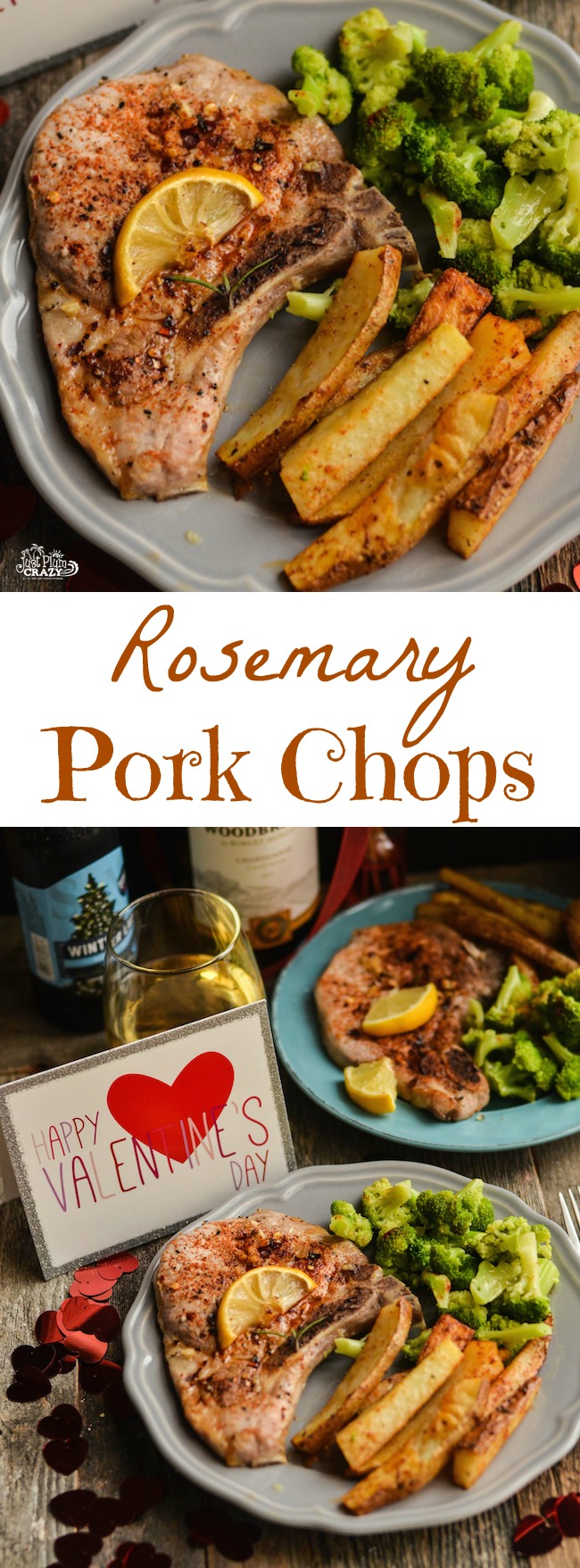 Rosemary Pork Chops recipe is the perfect Valentine's Day meal for you & yours with baked potato wedges & steamed broccoli ending with Raspberry Galette.