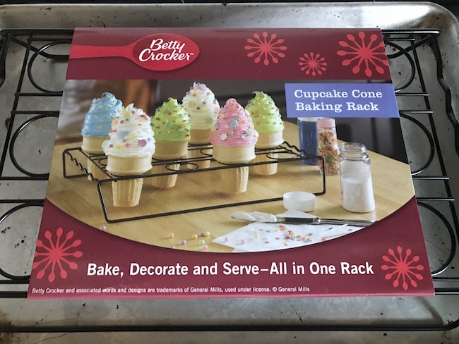 The Betty Crocker ice cream cone cupcake baking rack, allows you to make, bake a cupcake in an ice cream cone, decorate and take it too!