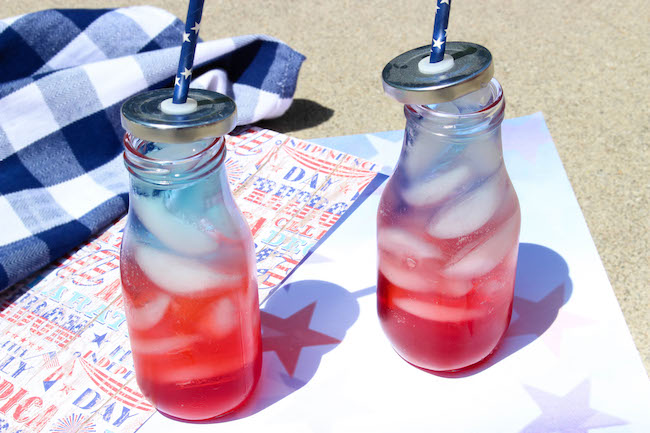 The Patriotic Red, White and Blue Layered Drink Recipe is easy to make. The key is the sugar content in the drinks and to pour them over ice so they don't mix.