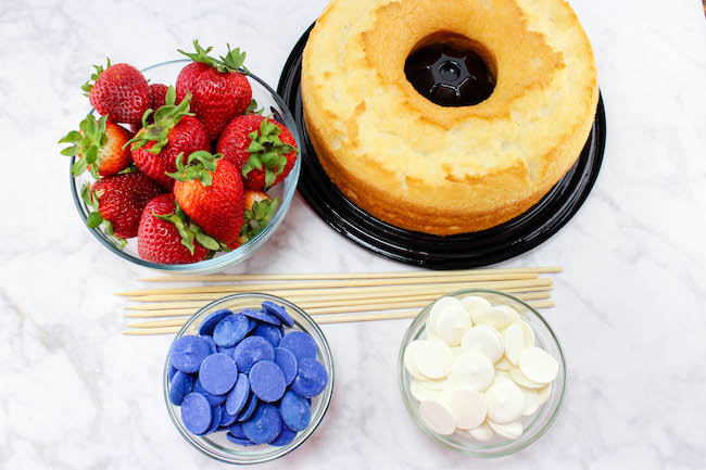 Ingredients and tools for strawberry kabobs
