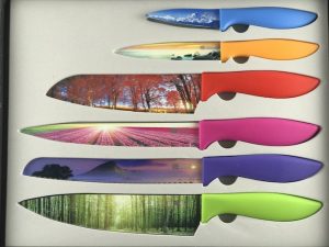 The Chef's Vision 6 Piece Color Landscape Knife Set is one of the prettiest knife sets that I've seen. Almost too pretty to use.