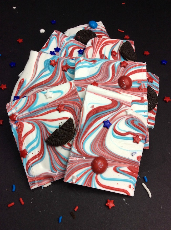 Oreo cookie bark recipe in red, white and blue.