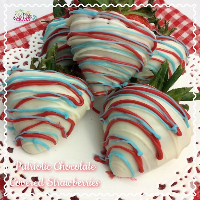 Drunken strawberries recipe in red, white and blue.