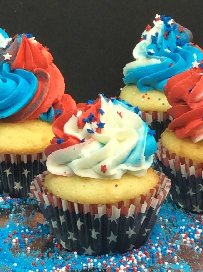 Patriotic cupcake recipe in red, white and blue.