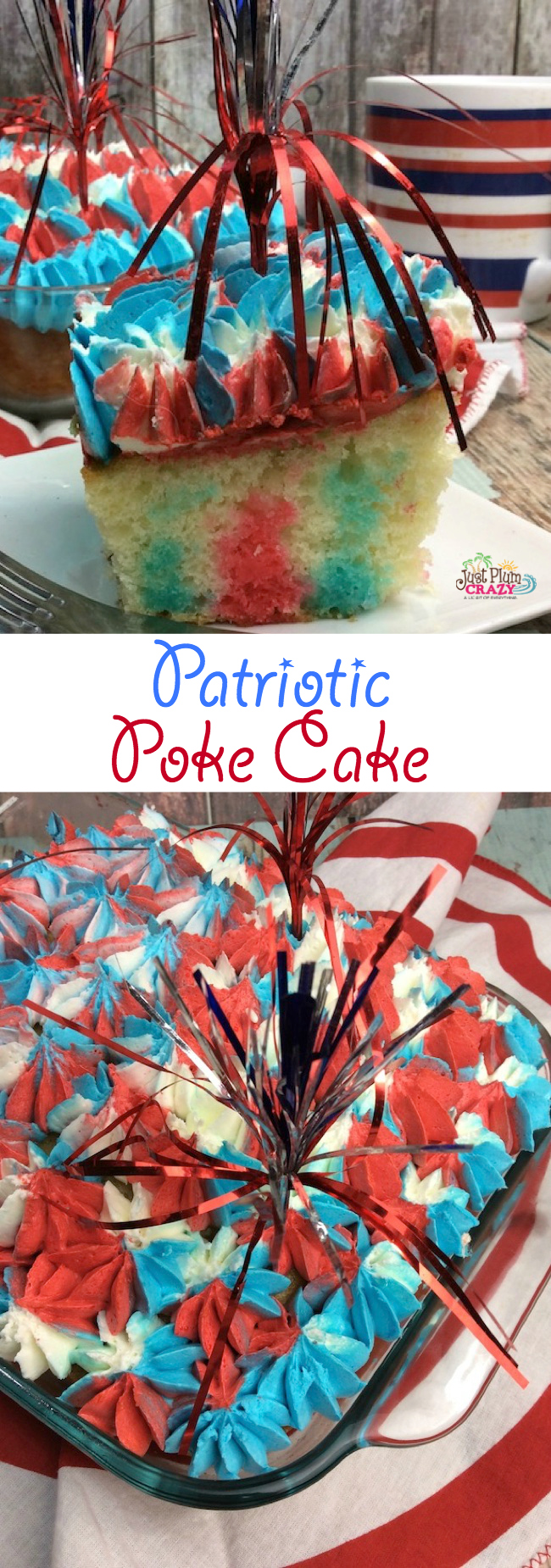Patriotic red, white and blue poke cake with Jello.