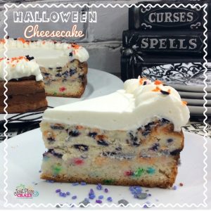 The great thing about the Halloween Cheesecake Recipe is that you can switch up the funfetti colors for Christmas or any other holiday that you'd like. Yum!