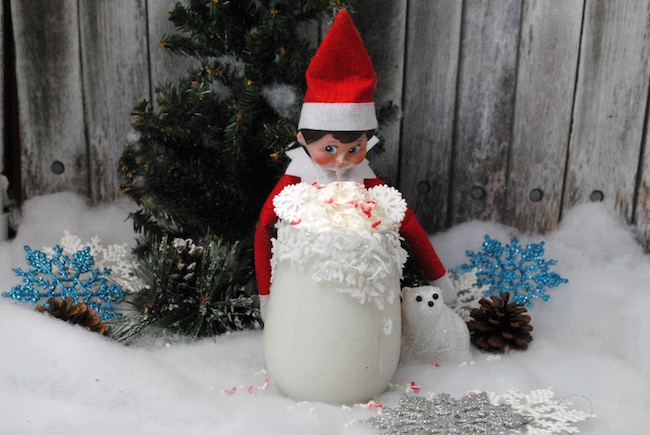 Elf on the Shelf drinking Peppermint Hot Chocolate
