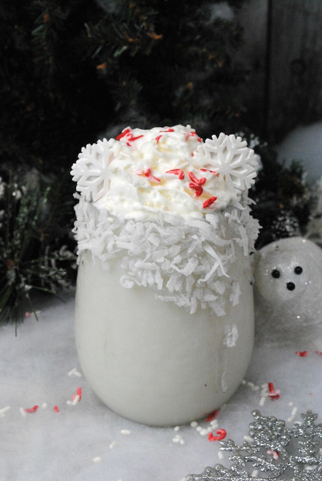 Finished peppermint white chocolate drink with whipped cream on top.