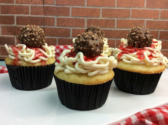 Finishing off National Spaghetti Day with a cupcake! Here we have a twist on spaghetti and meatballs with a Spaghetti and Meatball Cupcake recipe. WHAT? Yeah, that's different alright! 