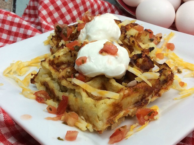 The Southwest Hash Brown Waffles recipe are a great way to take frozen hash browns or tater tots and make them into something fun. Use these waffles to make a breakfast sandwich or in place of your bun for a burger. Either way, you’re going to love these!