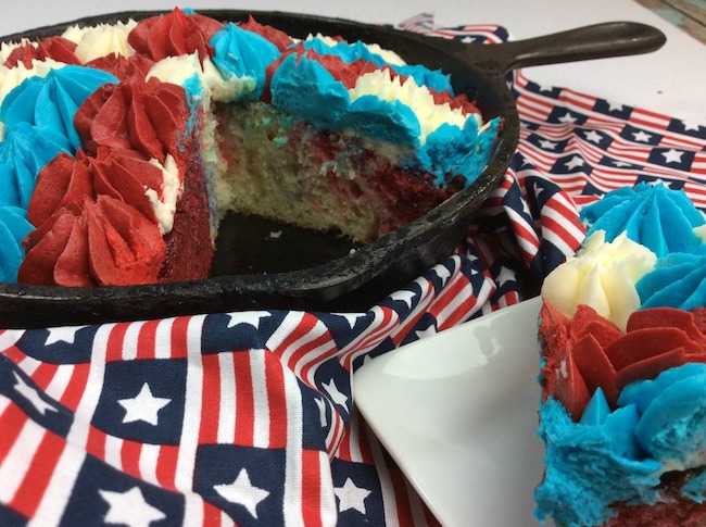 Grill cake made in a cast iron skillet with a patriotic design.