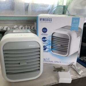 HoMedics MyChill Personal Space Cooler features 2 speeds, an adjustable vent, and Clean Tank Technology to keep it mold- and mildew-free.