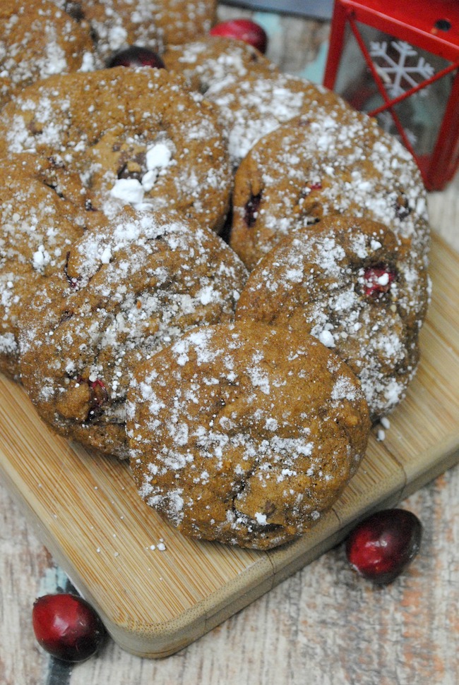 Preheat your oven to 350 degrees. Line your cookie sheet with parchment paper. Sift the flour, baking soda, cinnamon, ginger, allspice, cloves, salt into a bowl. Set aside. Next using an electric mixer on high, beat the butter and vegetable shortening until blended, about 1 minute. Add the brown sugar, a tablespoon at a time then beat the mixture for about 2 minutes. Continue to beat while adding in the molasses and the egg. Using a wooden spoon at first, slowly mix in the flour mixture then work the dough together with your hands. Add the dried cranberries and chocolate chips. Mix well. Make the dough into a large ball then cover it with cling wrap. Place the bowl of dough into the refrigerator until chilled. (About 3 hours). Remove the dough from the refrigerator and let stand at room temperature until just warm enough to make into round balls the size of a teaspoon. Bake at 350 degrees for 10 to 12 minutes. Remove from the oven allowing the cookies to cool and sprinkle each cookie with powder sugar. Enjoy!