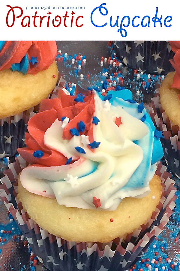 Patriotic cupcakes in shades of red, white and blue. 